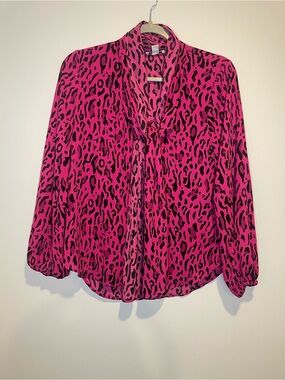 Bar III Hot Pink and Black Leopard Print with pussycat bow neckline